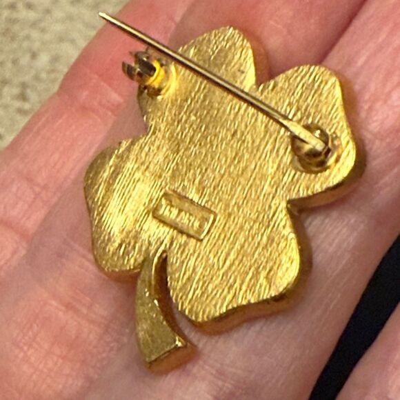 TRIFARI BLUE & GOLD TONE 4 LEAF CLOVER PIN BROOCH COSTUME GEM LUCKY CHARM VGUC - Picture 7 of 7